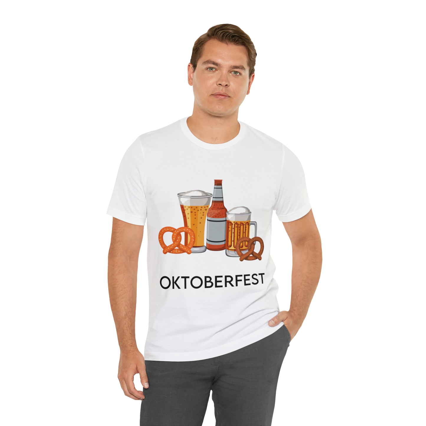 Oktoberfest Beer Mugs, Bottles, and Pretzels T-Shirt - Classic Unisex Tee for Festive Fun! Unisex Jersey Short Sleeve Tee