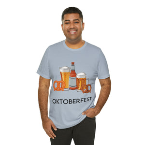 Oktoberfest Beer Mugs, Bottles, and Pretzels T-Shirt - Classic Unisex Tee for Festive Fun! Unisex Jersey Short Sleeve Tee