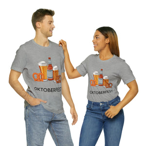 Oktoberfest Beer Mugs, Bottles, and Pretzels T-Shirt - Classic Unisex Tee for Festive Fun! Unisex Jersey Short Sleeve Tee