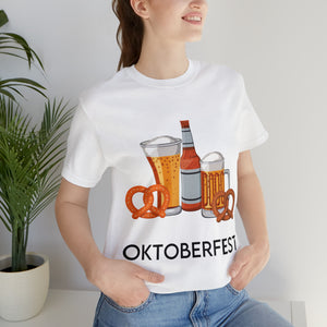 Oktoberfest Beer Mugs, Bottles, and Pretzels T-Shirt - Classic Unisex Tee for Festive Fun! Unisex Jersey Short Sleeve Tee