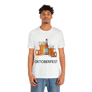 Oktoberfest Beer Mugs, Bottles, and Pretzels T-Shirt - Classic Unisex Tee for Festive Fun! Unisex Jersey Short Sleeve Tee