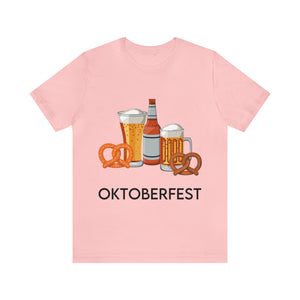 Oktoberfest Beer Mugs, Bottles, and Pretzels T-Shirt - Classic Unisex Tee for Festive Fun! Unisex Jersey Short Sleeve Tee