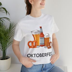 Oktoberfest Beer Mugs, Bottles, and Pretzels T-Shirt - Classic Unisex Tee for Festive Fun! Unisex Jersey Short Sleeve Tee