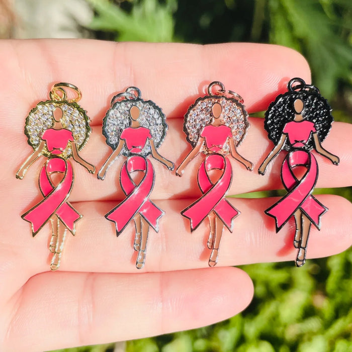 5pcs Enamal Pink Ribbon Afro Black Girl Charms Zirconia Pave Breast Cancer Awareness Pendants for Women Bracelet Necklace Making