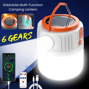 SolaraLite Multi-Function Camping Lantern with solar and USB charging capabilities, shown with dual light sources and remote control.